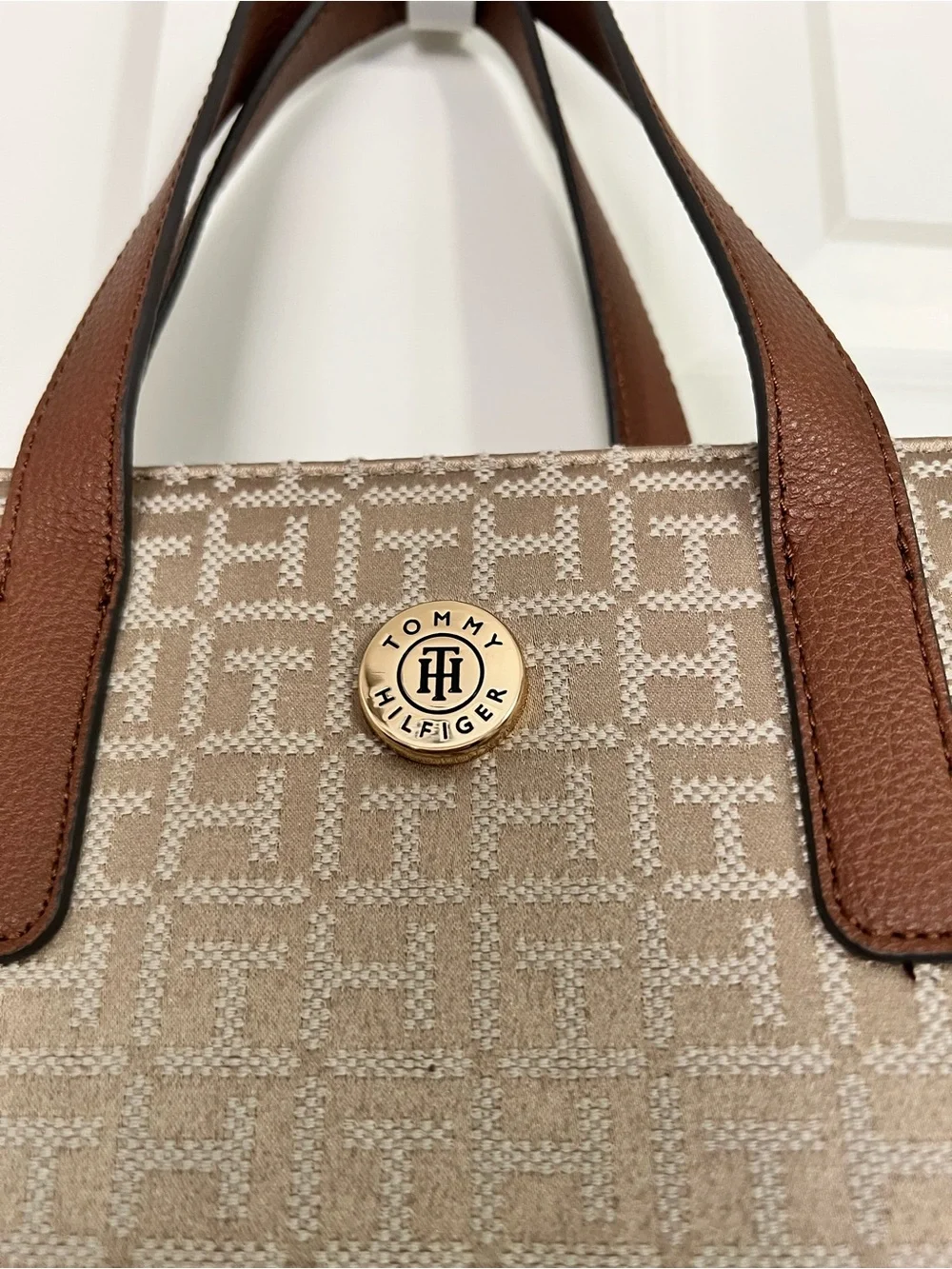 Tommy Hilfiger Brown and Beige Logo Canvas Tote